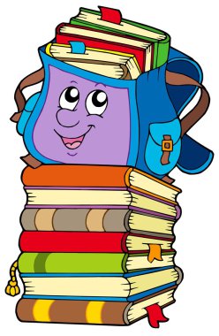 Cute school bag on pile of books clipart