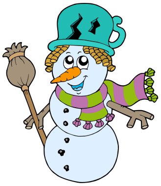 Cute snowman with scarf and broom clipart