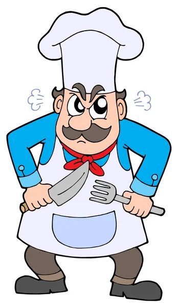 Chef enojado con cuchillo y tenedor — Vector de stock