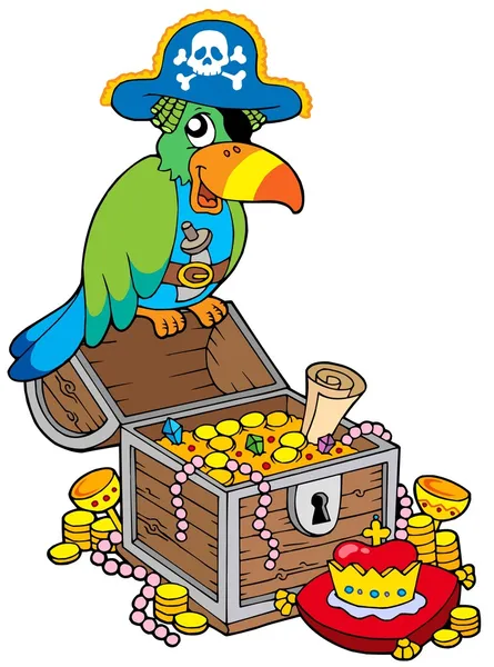 Big treasure chest with pirate parrot — Stock Vector