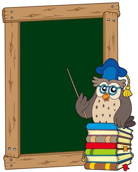 Board with owl teacher and books — Stock Vector