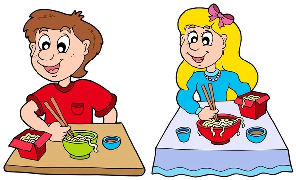 Menino e menina comendo comida chinesa — Vetor de Stock