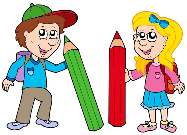 Junge und Mädchen mit riesigen Buntstiften — Stockvektor