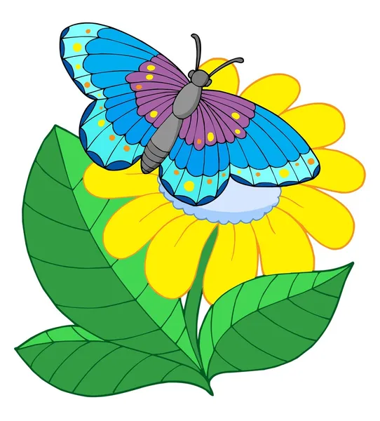 Mariposa sobre flor amarilla — Vector de stock