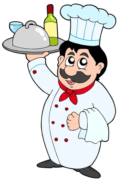Cartoon chef-kok holding maaltijd en wijn — Stockvector