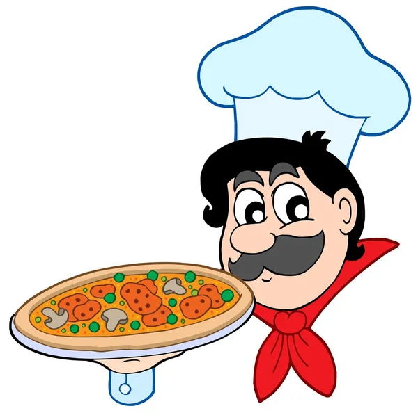 Chef de dibujos animados con pizza — Vector de stock