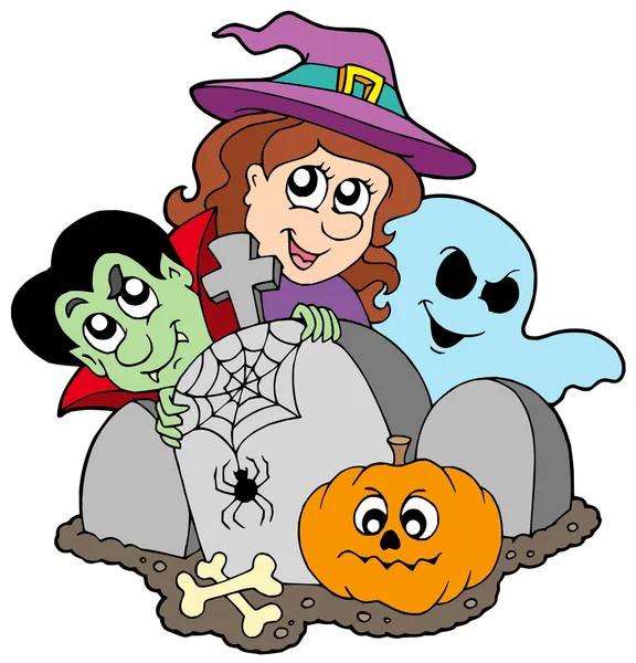 Cementerio con personajes de Halloween — Vector de stock