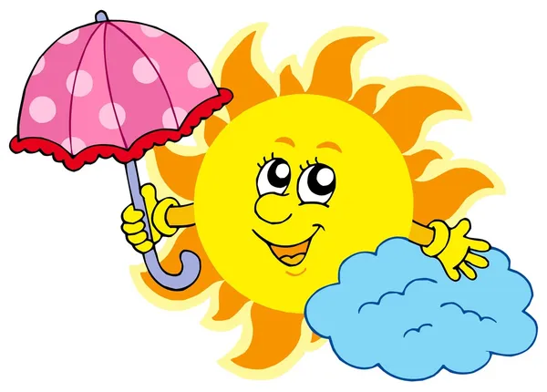Bonito desenho animado Sun com guarda-chuva —  Vetores de Stock