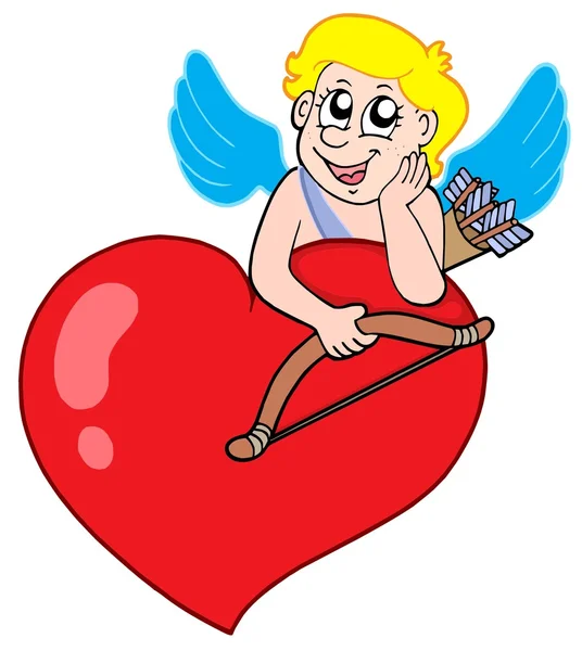 Cute cupid resting on heart — Stock Vector