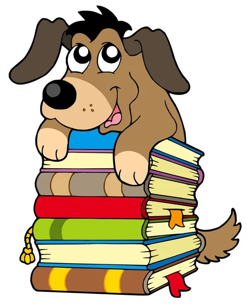 Söt hund på högen av böcker — Stock vektor