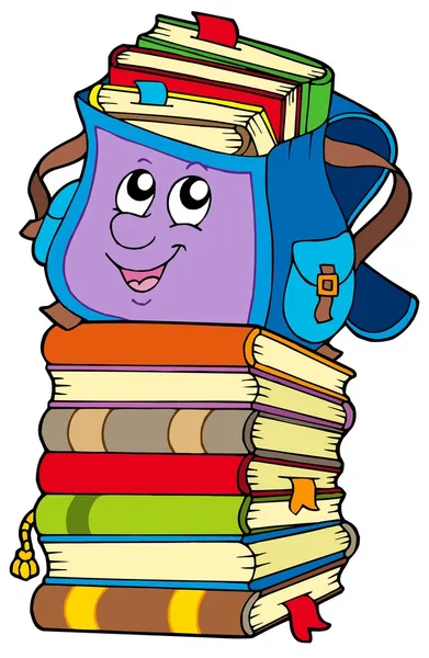 Cute school bag on pile of books — Stock Vector