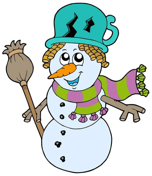 Cute snowman with scarf and broom — Stock Vector