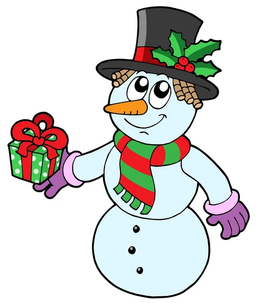 Χαριτωμένο χιονάνθρωπος με δώρο — Διανυσματικό Αρχείο