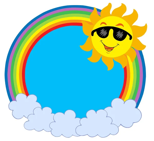 Cartoon Sun with glasses in raibow — Stock Vector