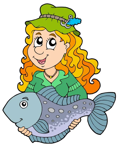 Fisherwoman 지주 큰 물고기 — 스톡 벡터