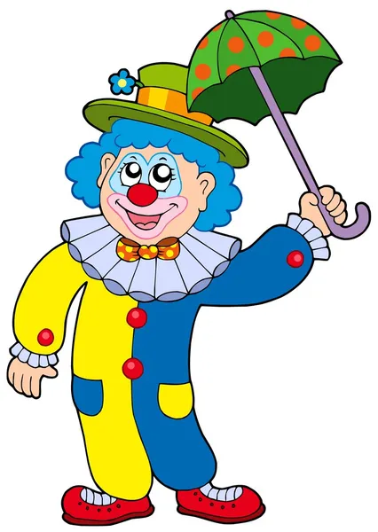 Смешной клоун с зонтиком в руках — стоковый вектор