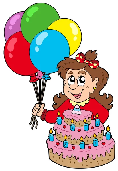 Meisje met cake en ballonnen — Stockvector