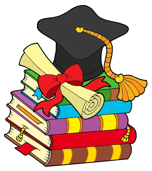 Graduation hat on pile of books — Stock Vector