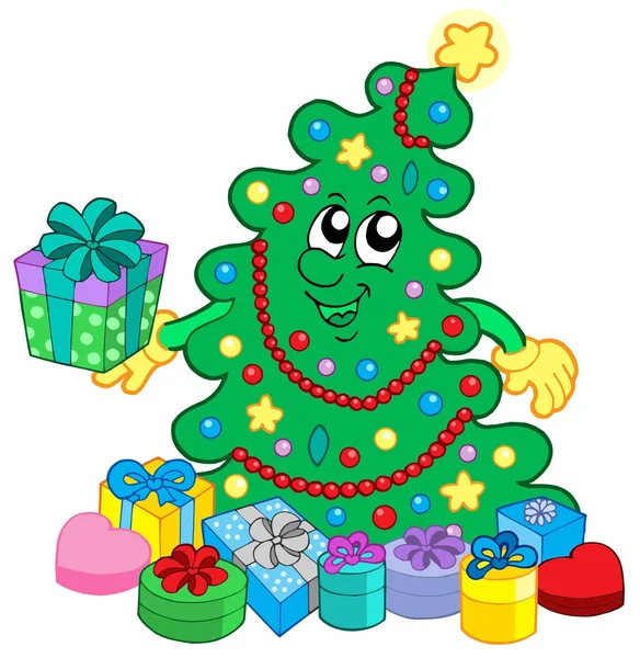Happy Christmas tree with gifts — Stock Vector