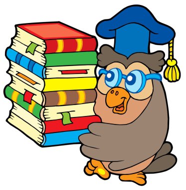 Owl teacher holding pile of books clipart