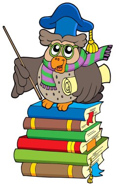 Owl teacher with parchment on books clipart