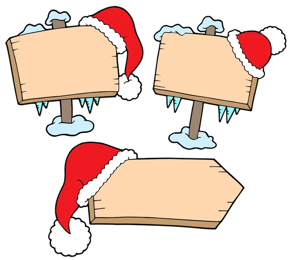 キャップとクリスマスの木製標識 — ストックベクタ