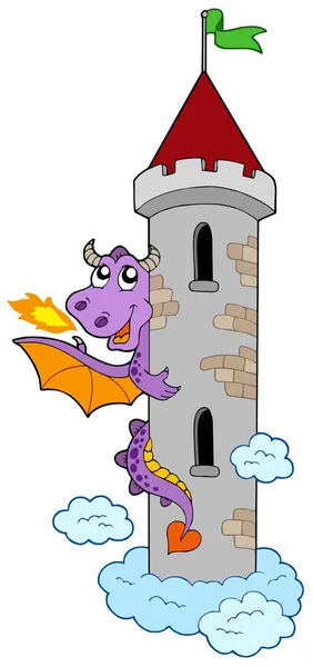 Καραδοκεί δράκος με πύργο του κάστρου — Διανυσματικό Αρχείο