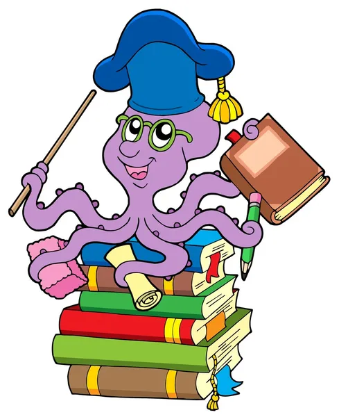 Octopus leraar op stapel boeken — Stockvector