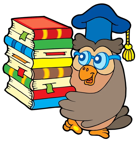 Owl teacher holding pile of books — Stock Vector