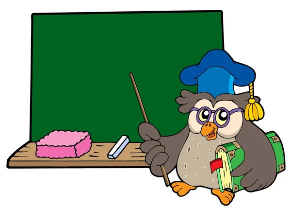 Owl teacher with book and blackboard — Stock Vector