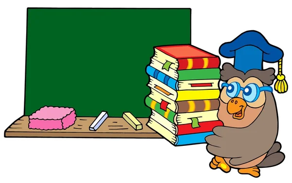Owl teacher with books and blackboard — Stock Vector