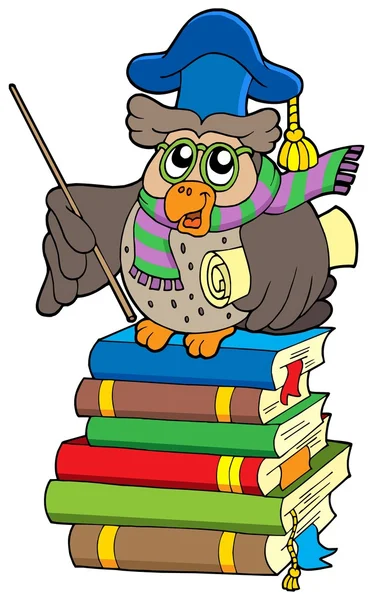 Owl teacher with parchment on books — Stock Vector