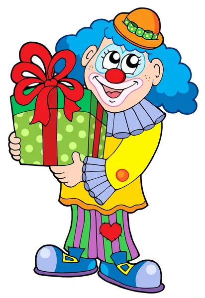 Clown partito con regalo — Vettoriale Stock