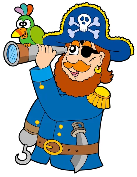 Pirate with spyglass and parrot — Stock Vector