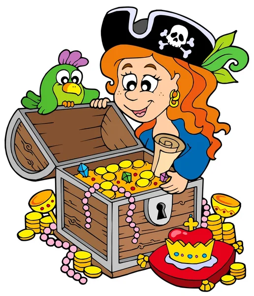 宝箱を開く海賊女性 — ストックベクタ