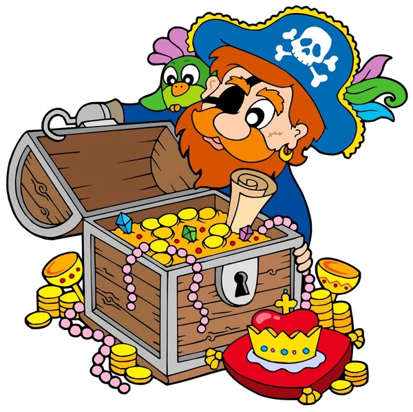 Pirate opening treasure chest — Stock Vector