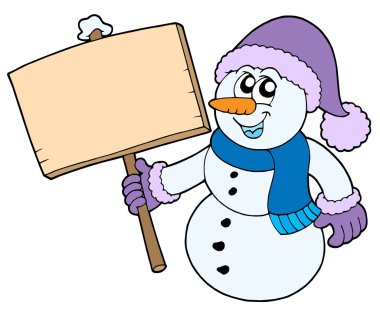 Snowman with wooden sign clipart