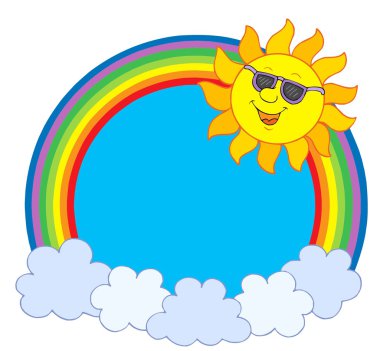 Sun in sunglasses in rainbow circle clipart