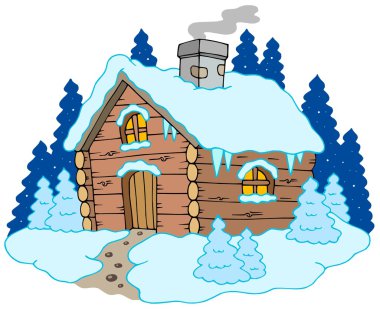 Wooden cottage in winter landscape clipart