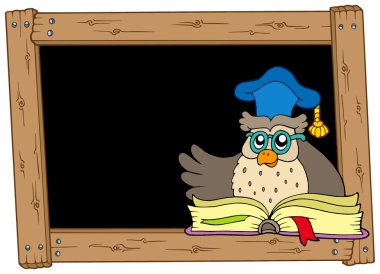 Wooden blackboard with owl teacher clipart