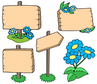 Wooden tables with flowers collection clipart