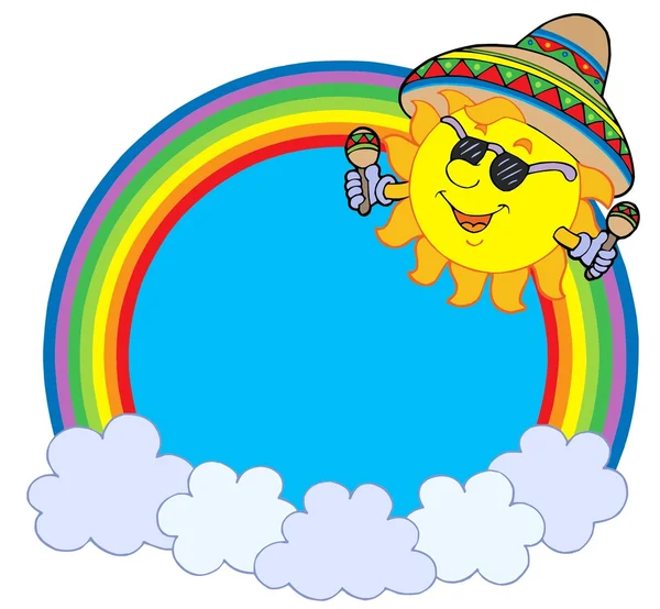 Regenboog cirkel met Mexicaanse zon — Stockvector