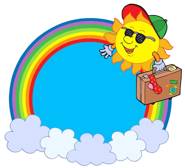 Regenboog cirkel met zon reiziger — Stockvector