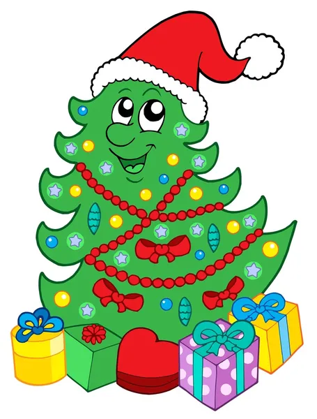 Árvore de Natal sorridente com presentes — Vetor de Stock