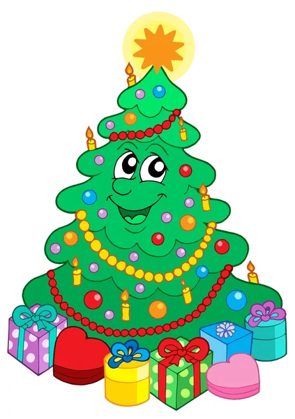 Smiling cute Christmas tree with gift — Wektor stockowy
