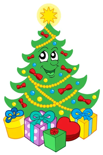 Smiling Christmas tree with gifts — Stock Vector