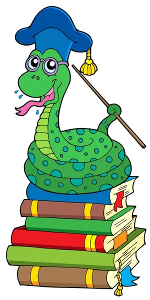 Snake teacher on pile of books — Stock Vector