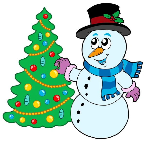 Muñeco de nieve decorando árbol de Navidad — Vector de stock