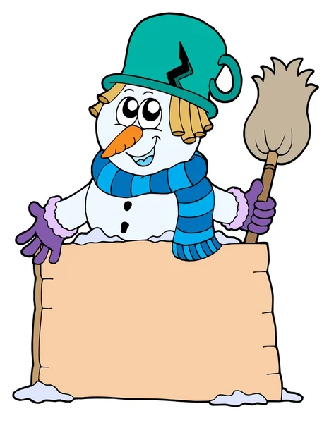 Snowman with sign and broom — Stock Vector