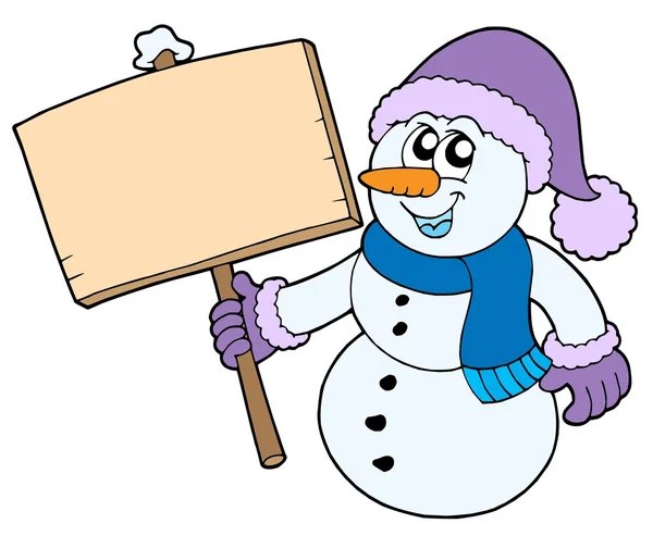 Χιονάνθρωπος με ξύλινη πινακίδα — Διανυσματικό Αρχείο